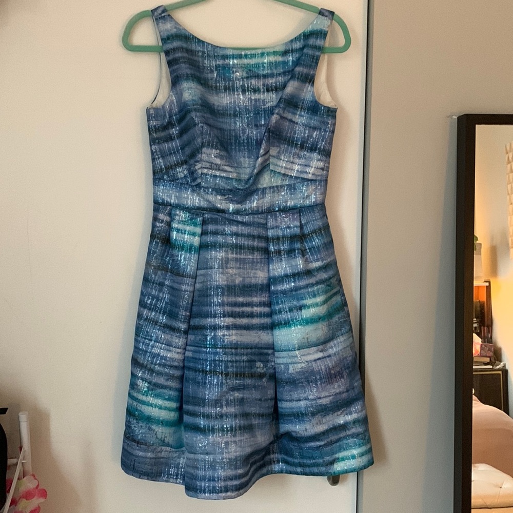 Theia blue metallic striped dress